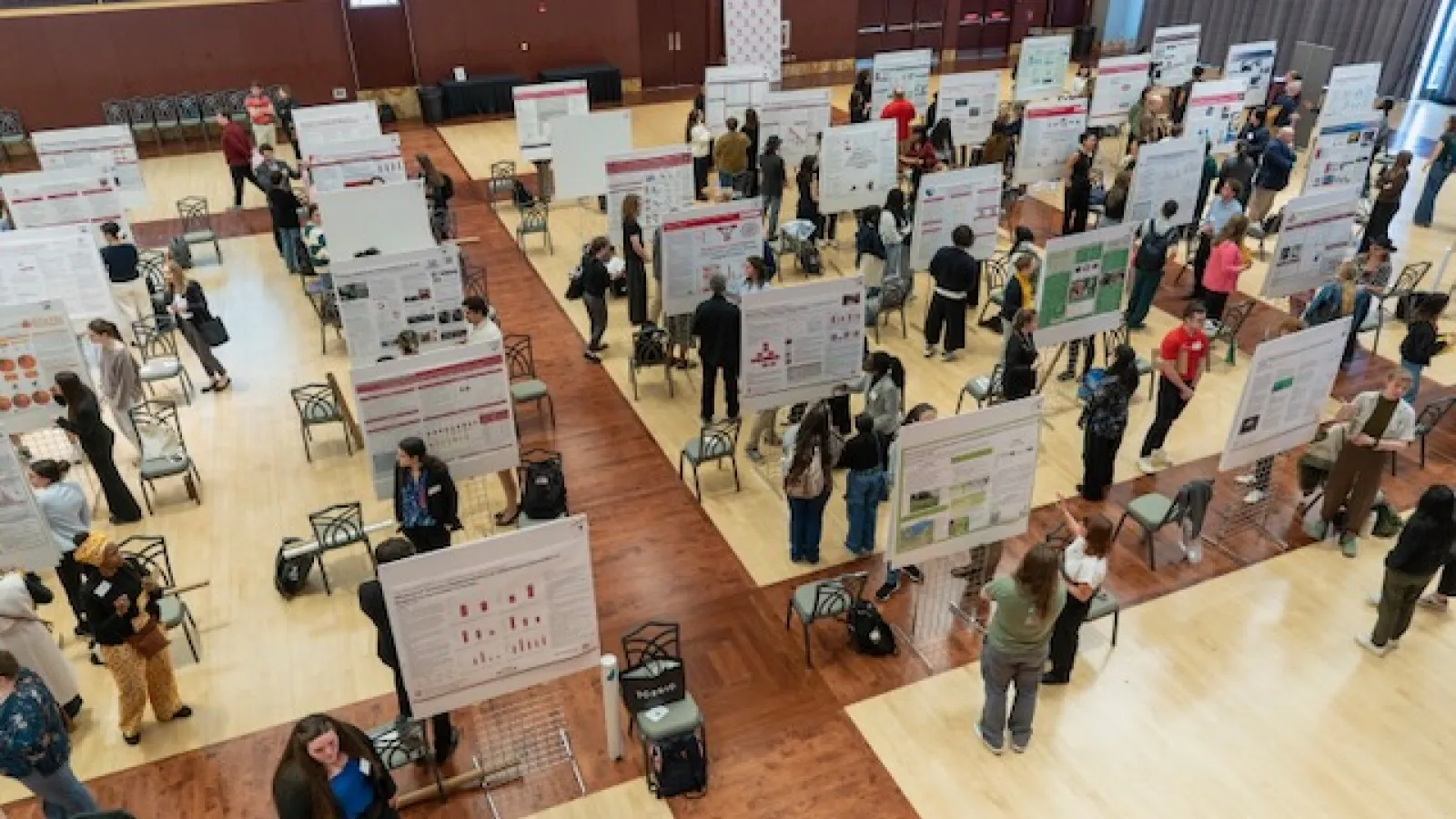 overhead view of students presenting research posters